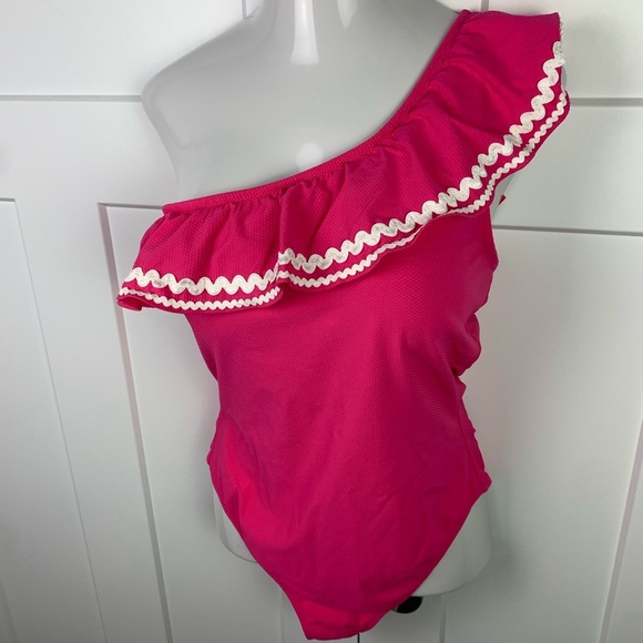 NWT J. Crew 12 Textured One Shoulder Ruffle One Piece Swimsuit Pink Preppy - Picture 3 of 6